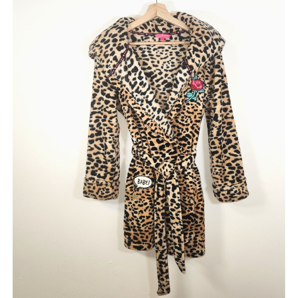 Betsey Johnson Pink Tag Leopard Print Embroidered Hooded Plush Robe size XS / S